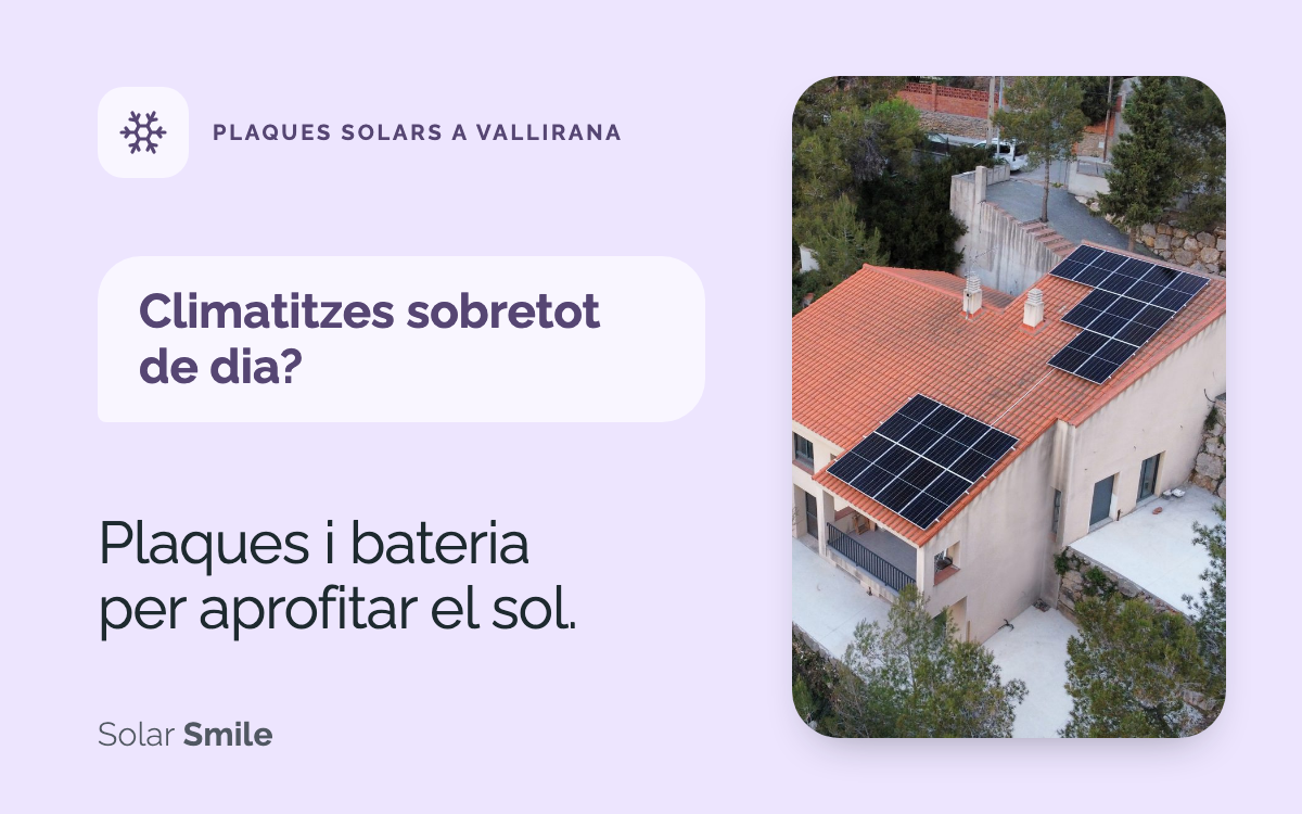 Portada: «Climatitzes sobretot de dia? Plaques i bateria per aprofitar el sol», al costat d’una vista aèria d’una casa amb plaques solars a Vallirana
